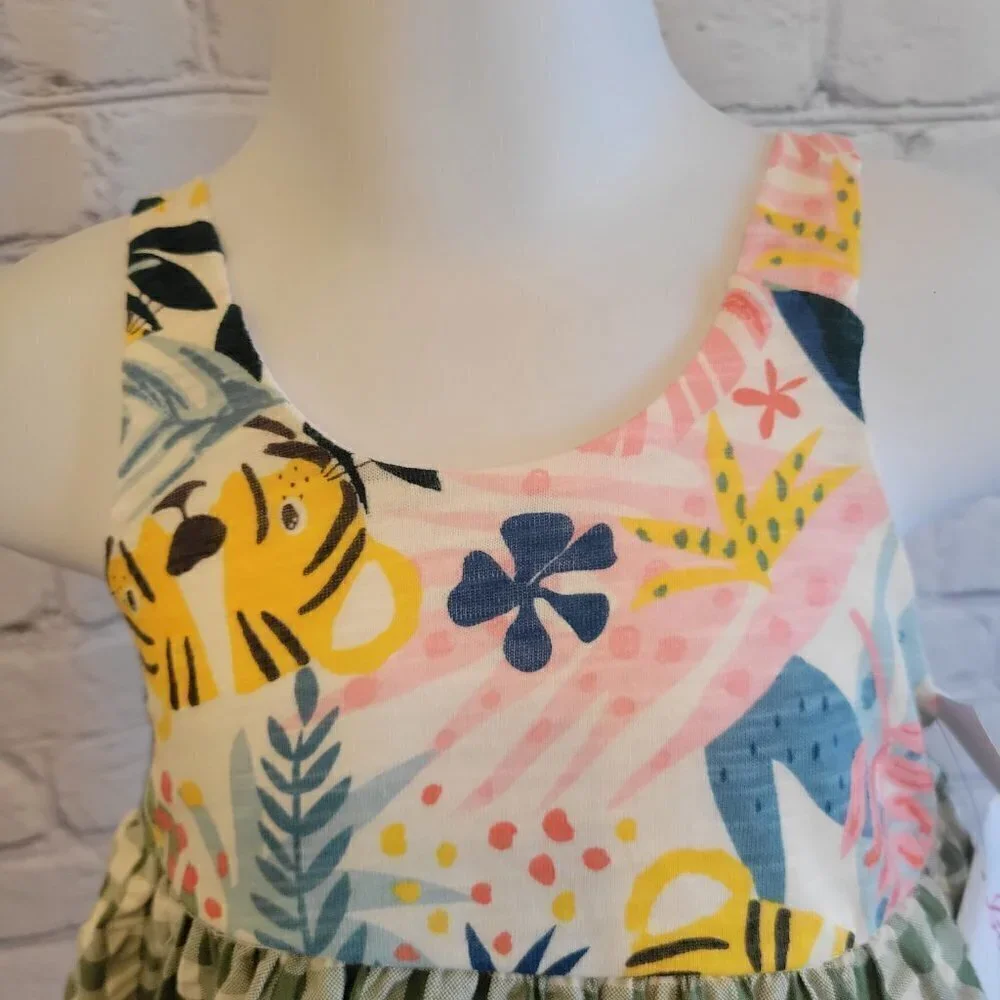 Baby Girls Sleeveless Tiered Mixed Tropical Print and Seersucker Check Dress